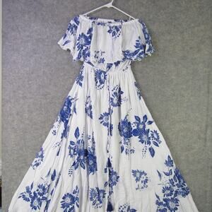 Tiare Hawaii Dress Womens One Size White Blue Off Shoulder Ruffle Maxi Sundress